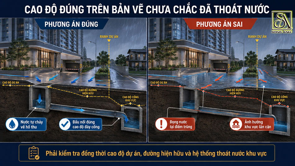 So sánh phương án cao độ san nền đúng và sai khi thoát nước